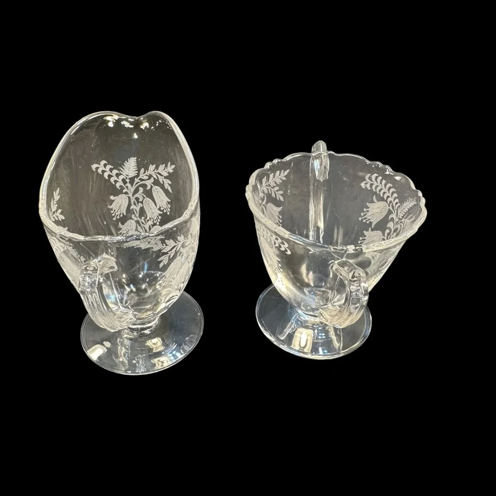 Vintage Tiffin Fuchsia Cream Sugar Etched Crystal Vintage Tea Coffee Serveware - Picture 3 of 11
